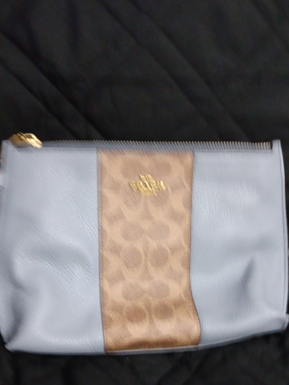 Coach Light Blue Leather & Signature Brown Stripe Cosmetic Pouch